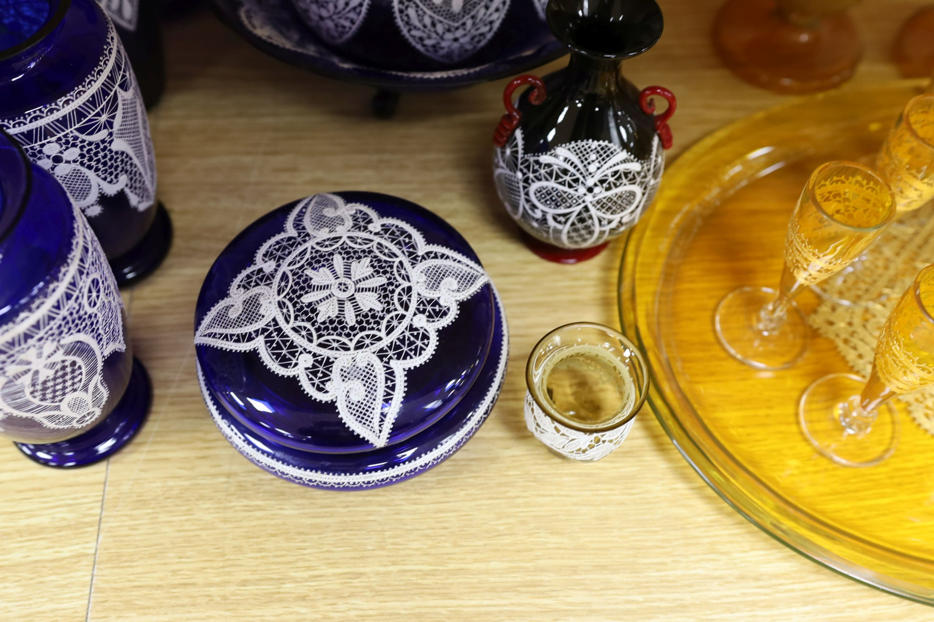 Selection of Venetian lace-pattern coloured glassware including an amber liqueur set